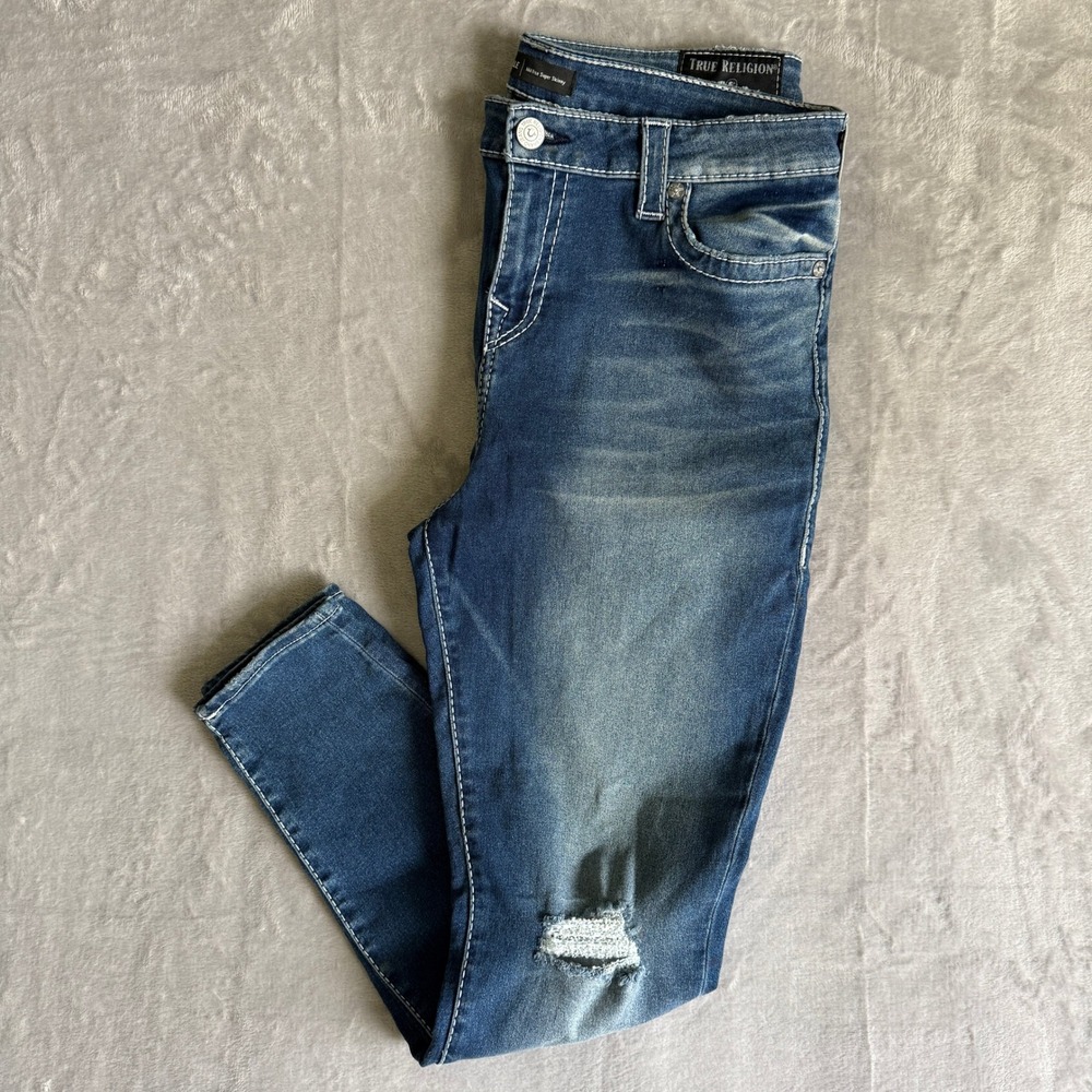 True Religion Halle Mid Rise Super Skinny Distressed Jeans Blue Denim 28